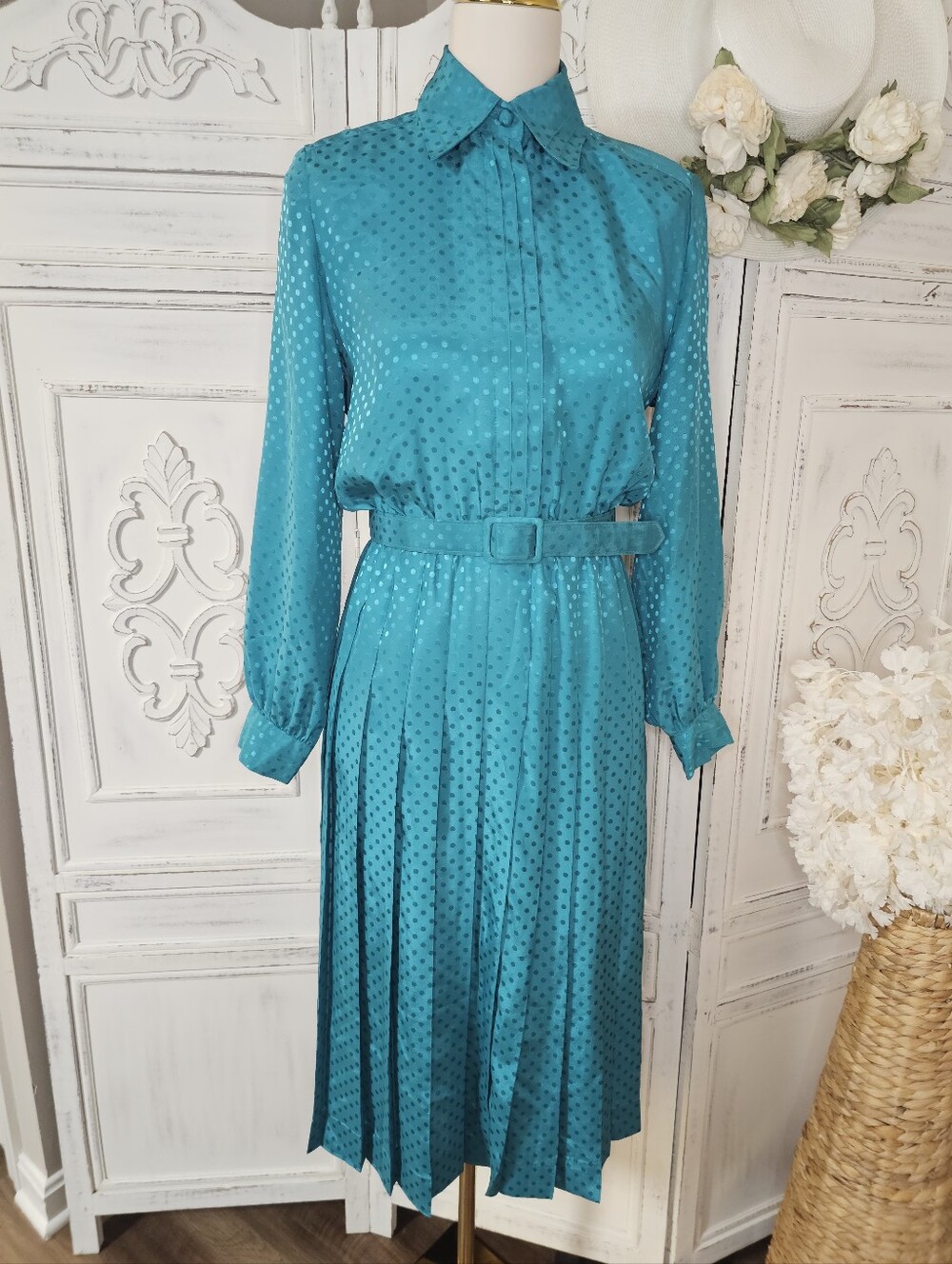 Vintage Schrader Turquoise Button Down Pleated Shirt Midi Dress